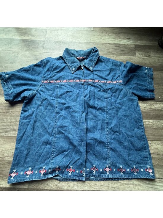 ASAZ Tops - Vintage ASAZ Womens Denim Button-Up Shirt 2X With Patriotic Embroidery & Short S